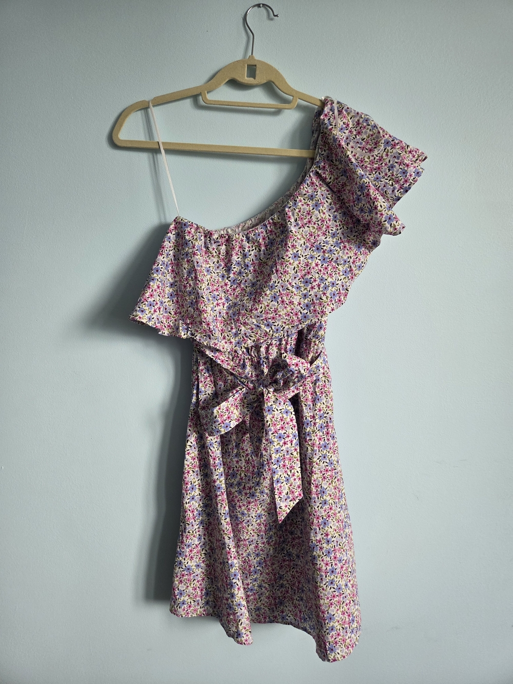 Mango One-Shoulder Floral Dress in Pink and Purple
